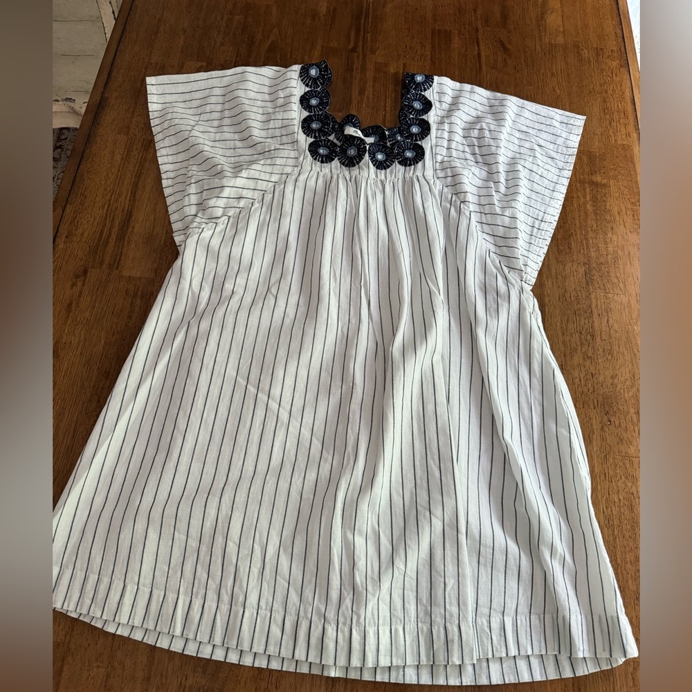 Madewell Linen Embroidered Butterfly Dress SZ XS White Navy Pinstripe - Picture 8 of 15